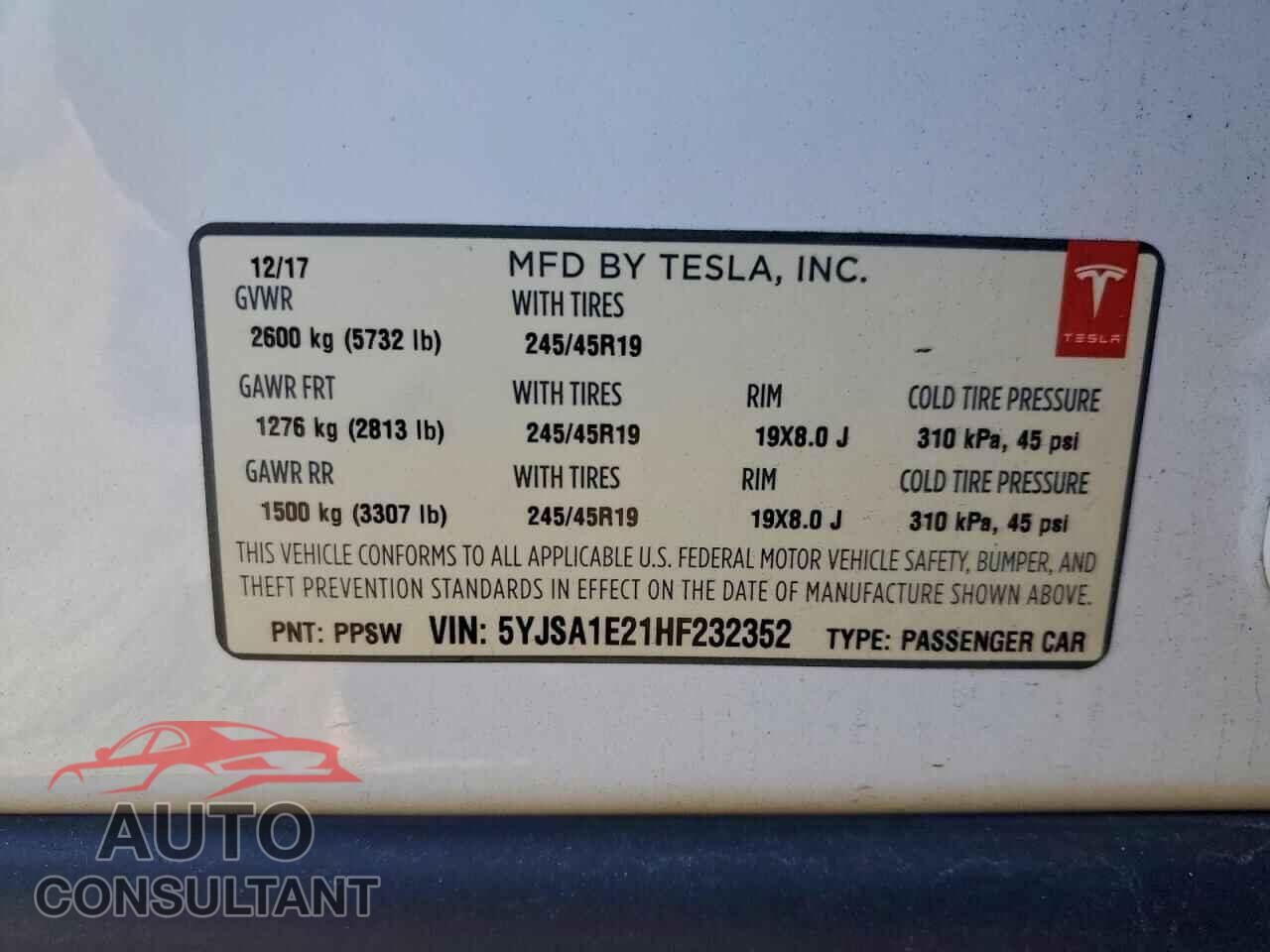 TESLA MODEL S 2017 - 5YJSA1E21HF232352