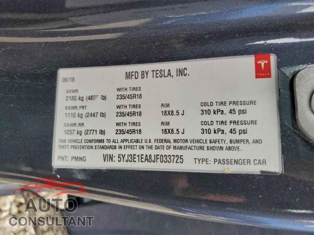 TESLA MODEL 3 2018 - 5YJ3E1EA8JF033725