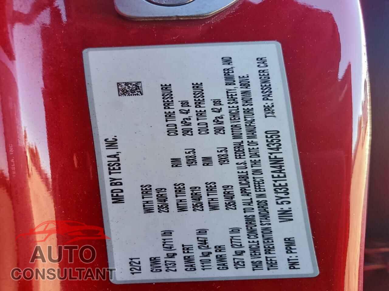 TESLA MODEL 3 2022 - 5YJ3E1EA4NF143550