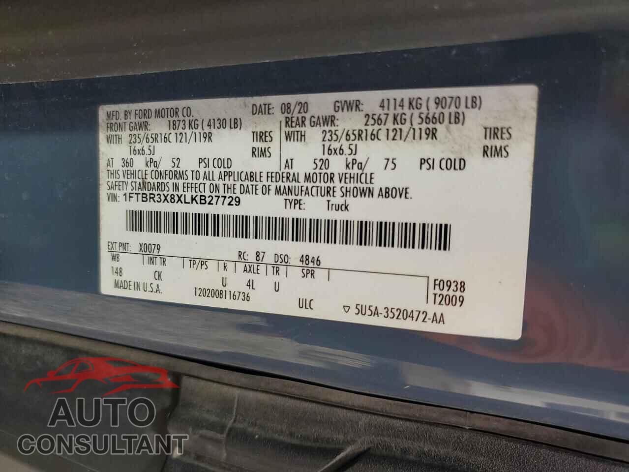 FORD TRANSIT 2020 - 1FTBR3X8XLKB27729