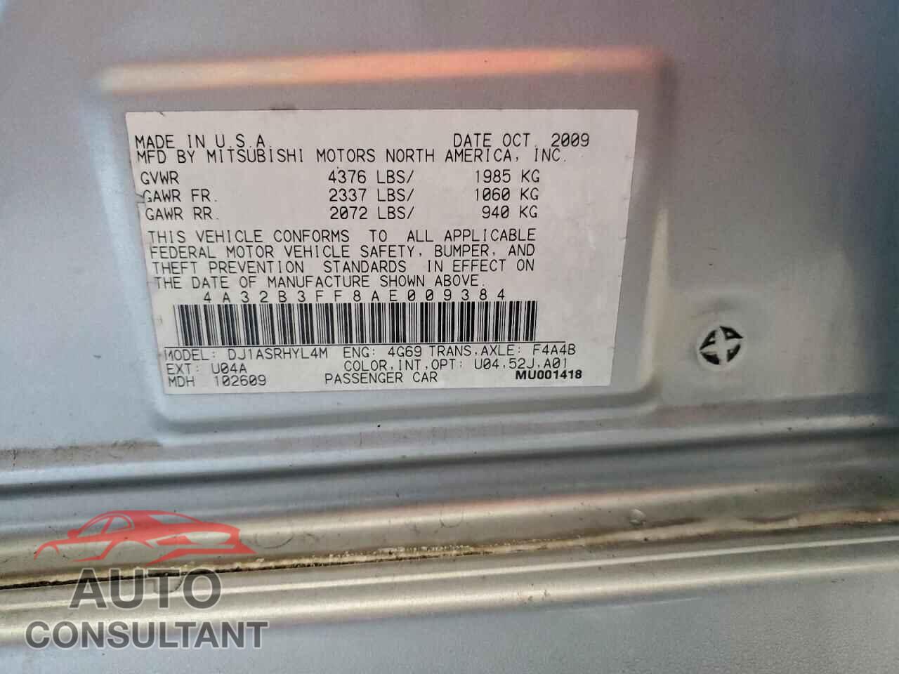 MITSUBISHI GALANT 2010 - 4A32B3FF8AE009384