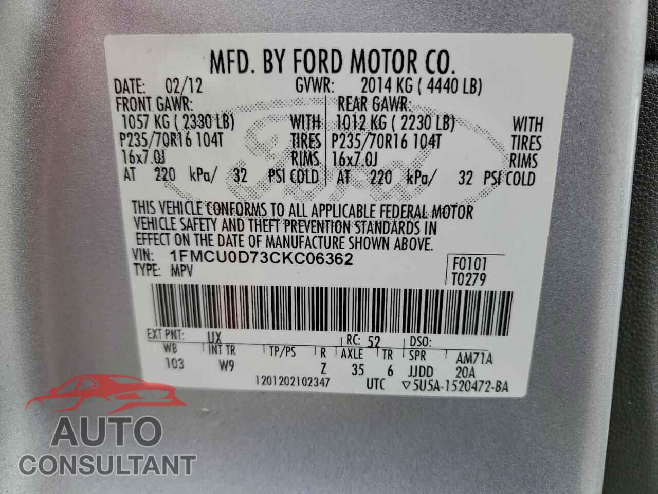 FORD ESCAPE 2012 - 1FMCU0D73CKC06362