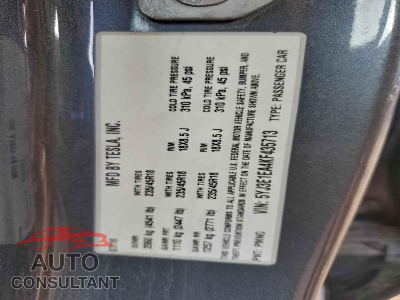 TESLA MODEL 3 2019 - 5YJ3E1EA4KF435713