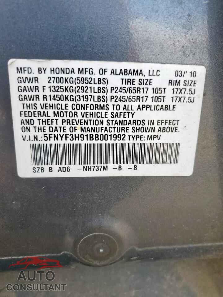 HONDA PILOT 2011 - 5FNYF3H91BB001992
