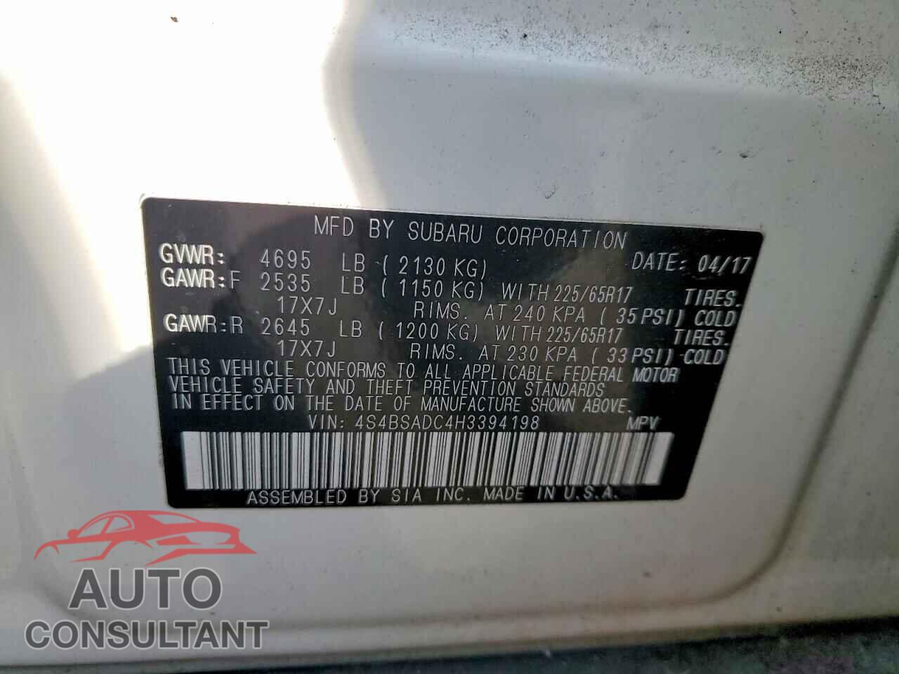 SUBARU OUTBACK 2017 - 4S4BSADC4H3394198