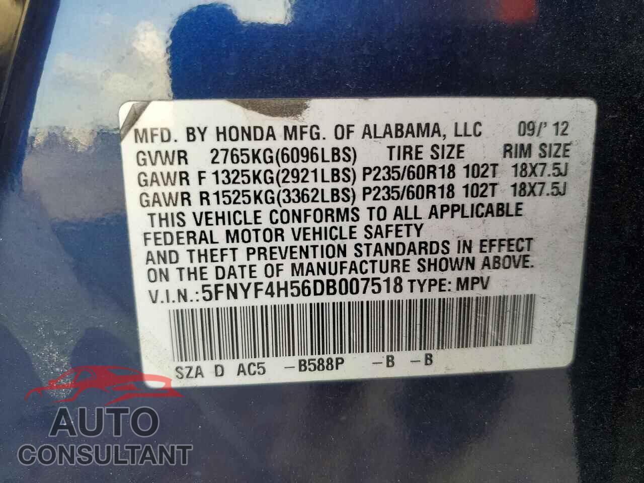 HONDA PILOT 2013 - 5FNYF4H56DB007518