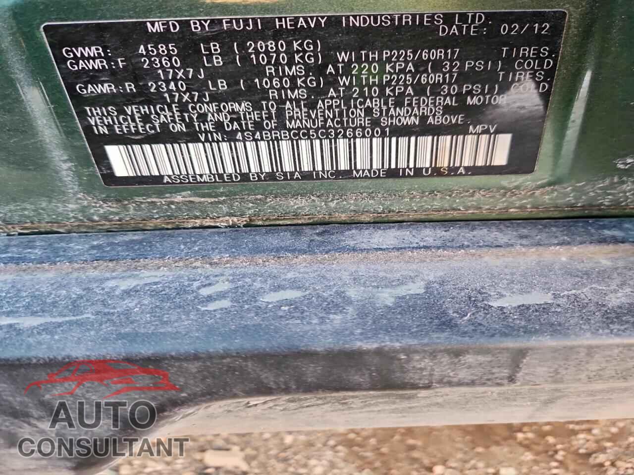 SUBARU OUTBACK 2012 - 4S4BRBCC5C3266001