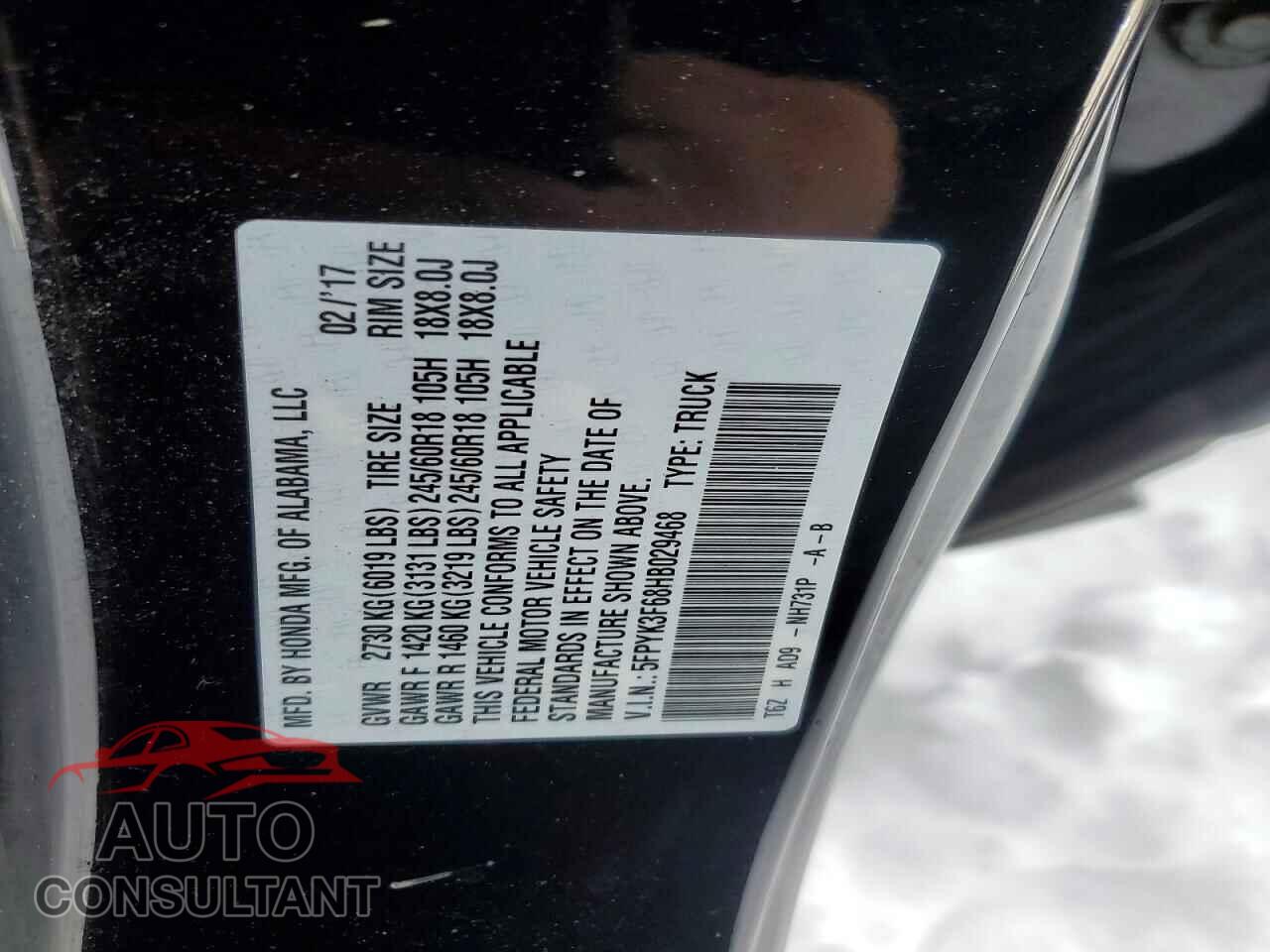 HONDA RIDGELINE 2017 - 5FPYK3F68HB029468