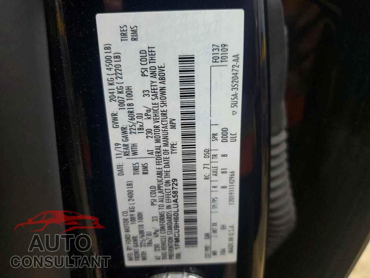 FORD ESCAPE 2020 - 1FMCU9H60LUA58729