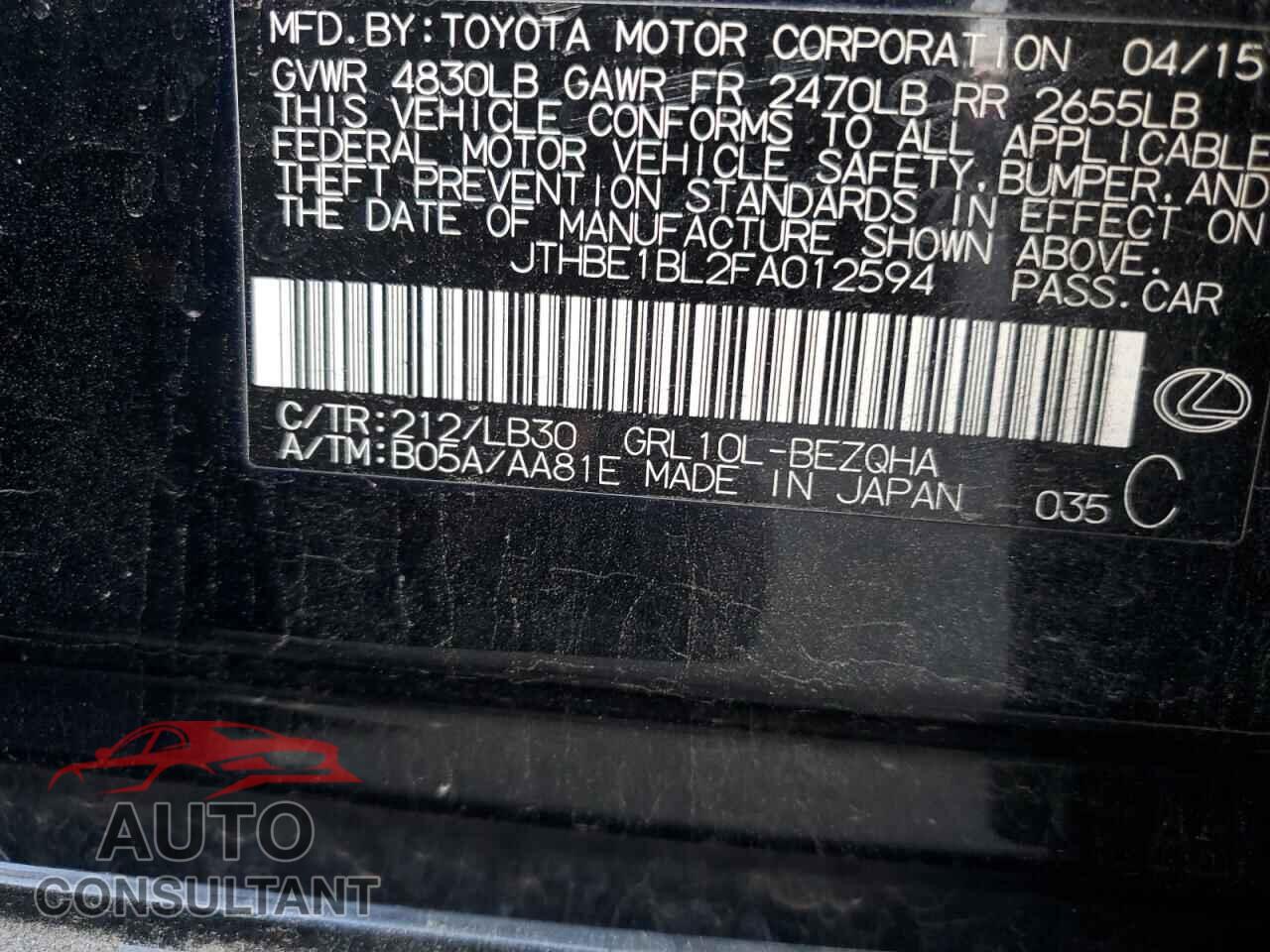 LEXUS GS350 2015 - JTHBE1BL2FA012594