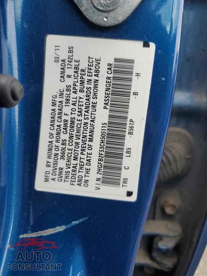 HONDA CIVIC 2012 - 2HGFB2F53CH505115