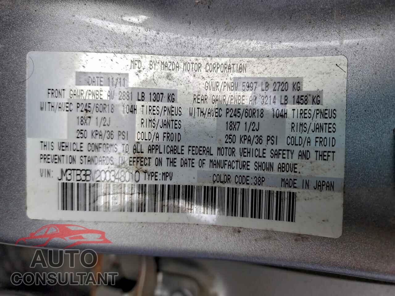 MAZDA CX-9 2012 - JM3TB3BV2C0348010