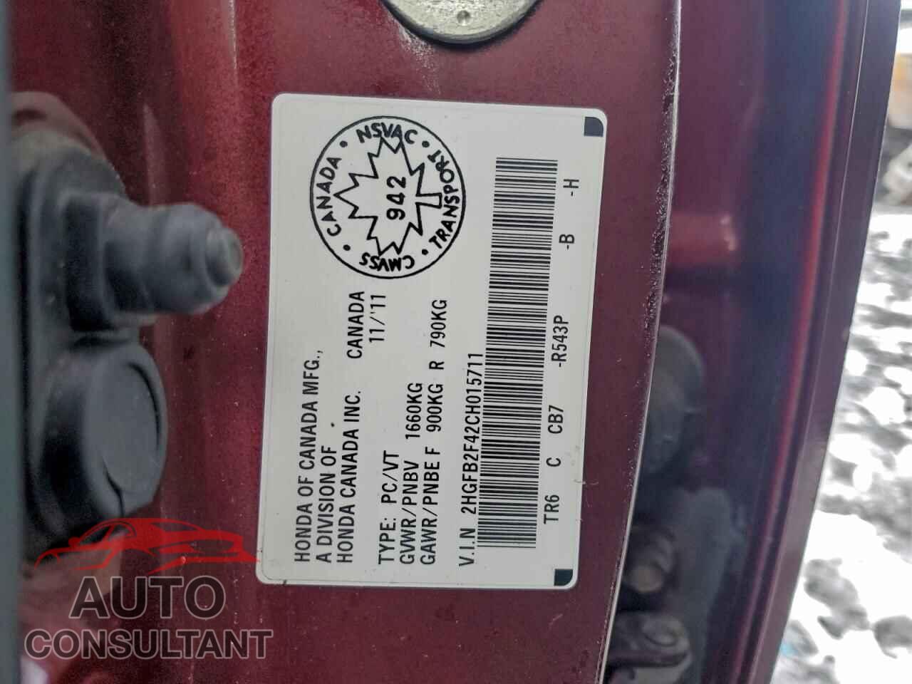 HONDA CIVIC 2012 - 2HGFB2F42CH015711