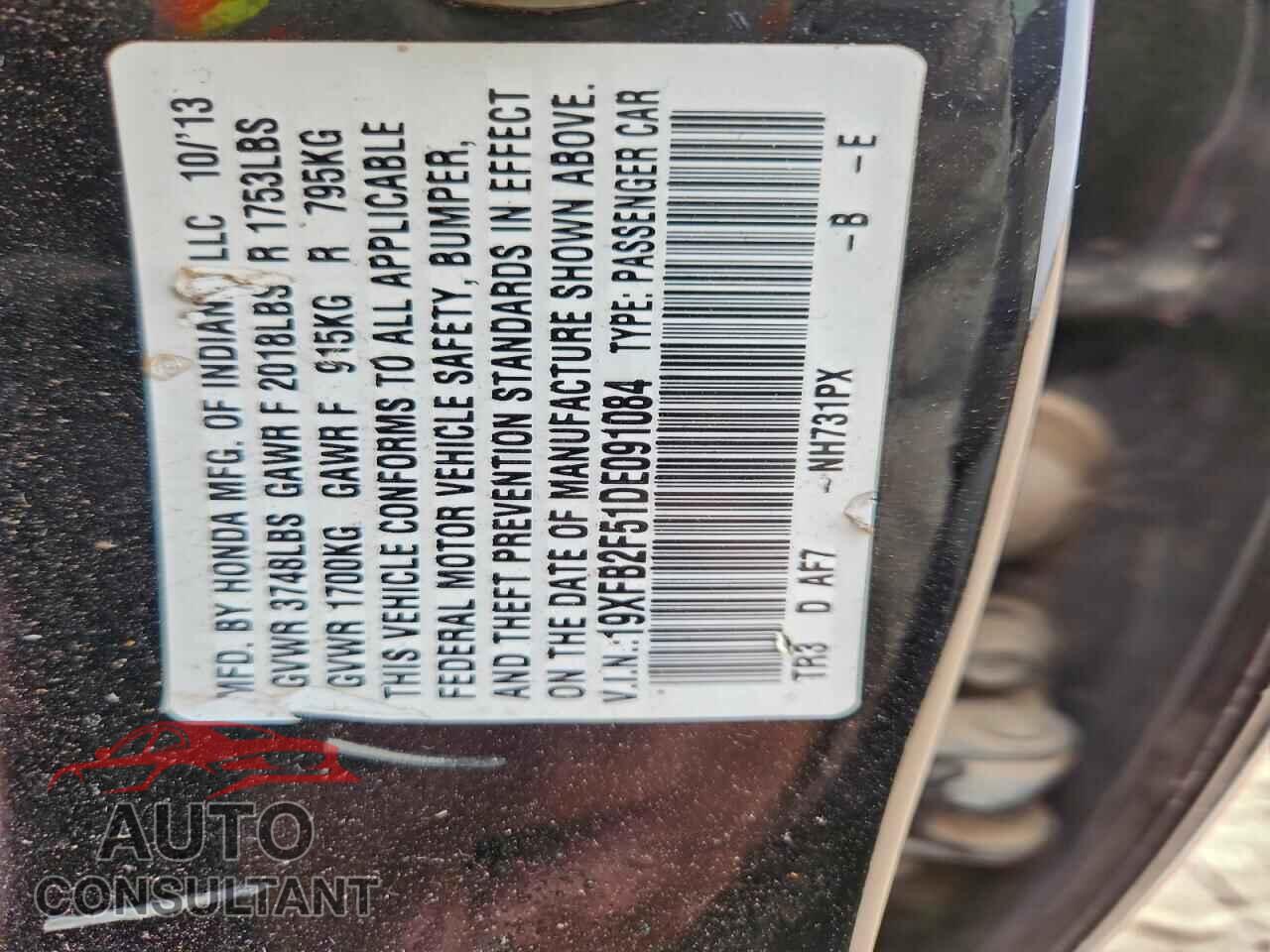 HONDA CIVIC 2013 - 19XFB2F51DE091084