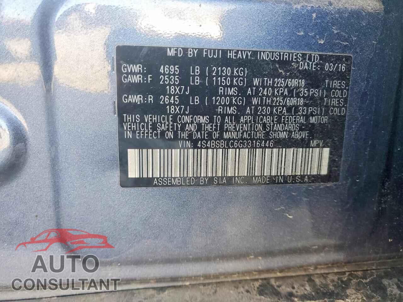 SUBARU OUTBACK 2016 - 4S4BSBLC6G3316446