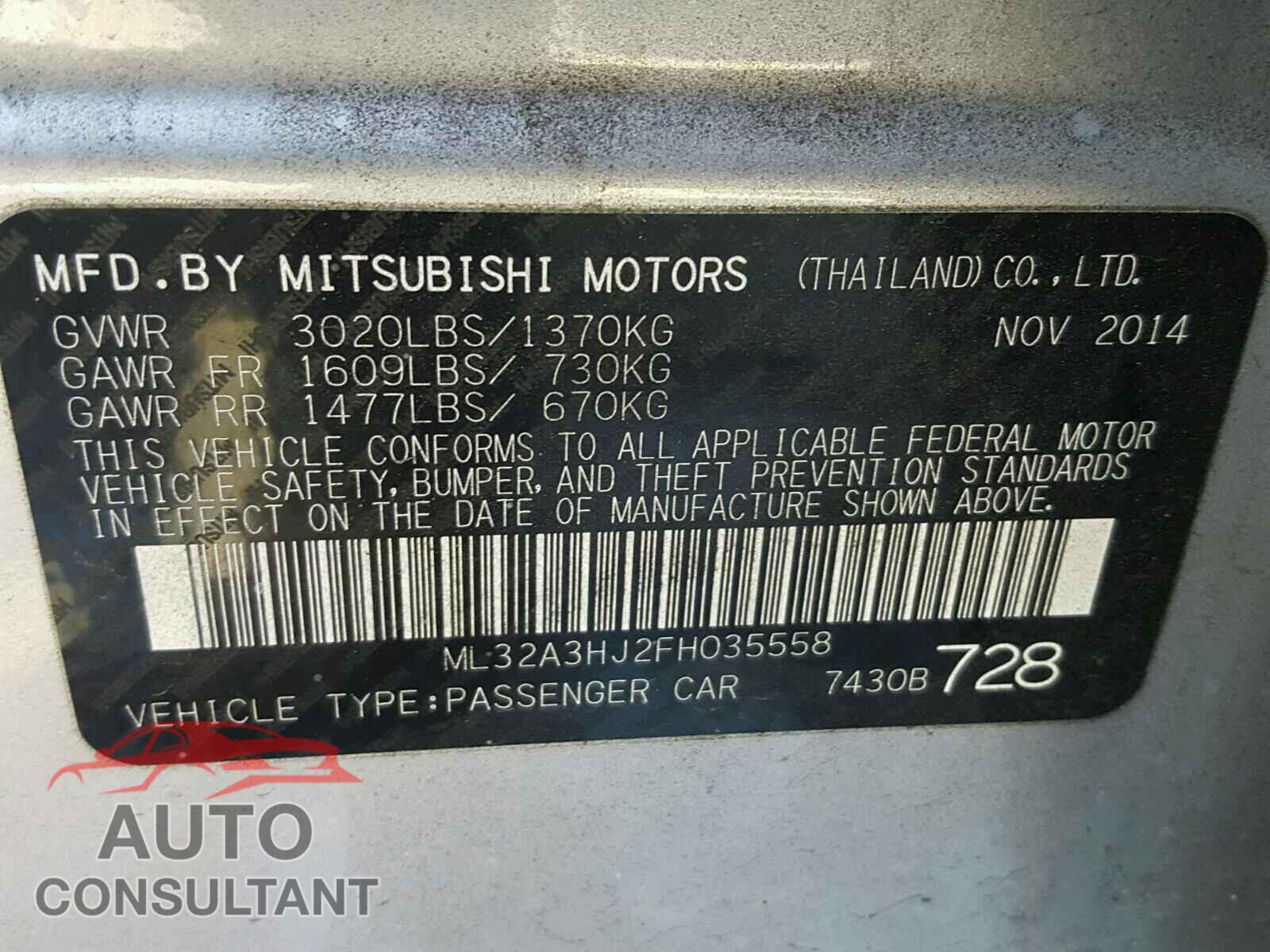 MITSUBISHI MIRAGE 2015 - ML32A3HJ2FH035558