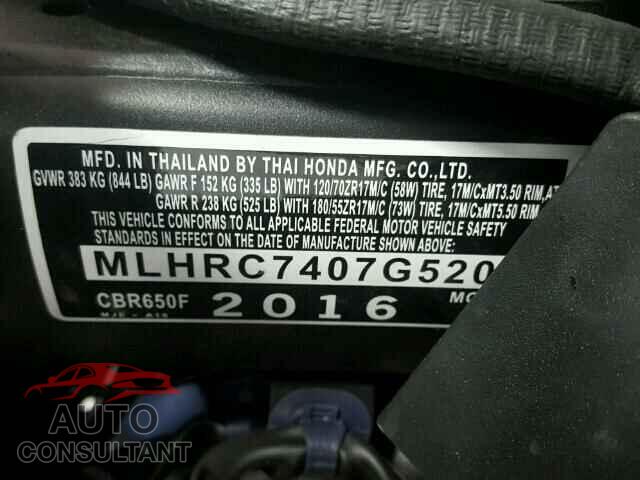 HONDA CBR CYCLE 2016 - MLHRC7407G5200580