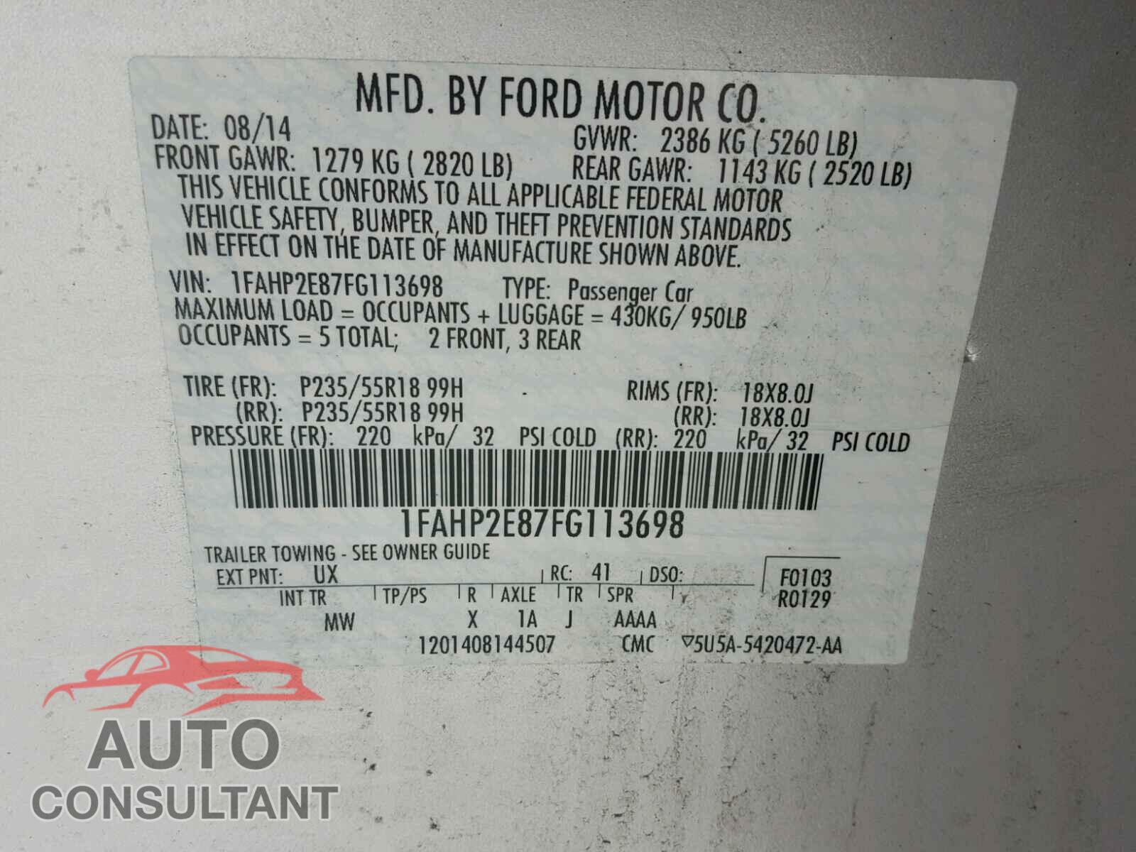 FORD TAURUS 2015 - 1FAHP2E87FG113698
