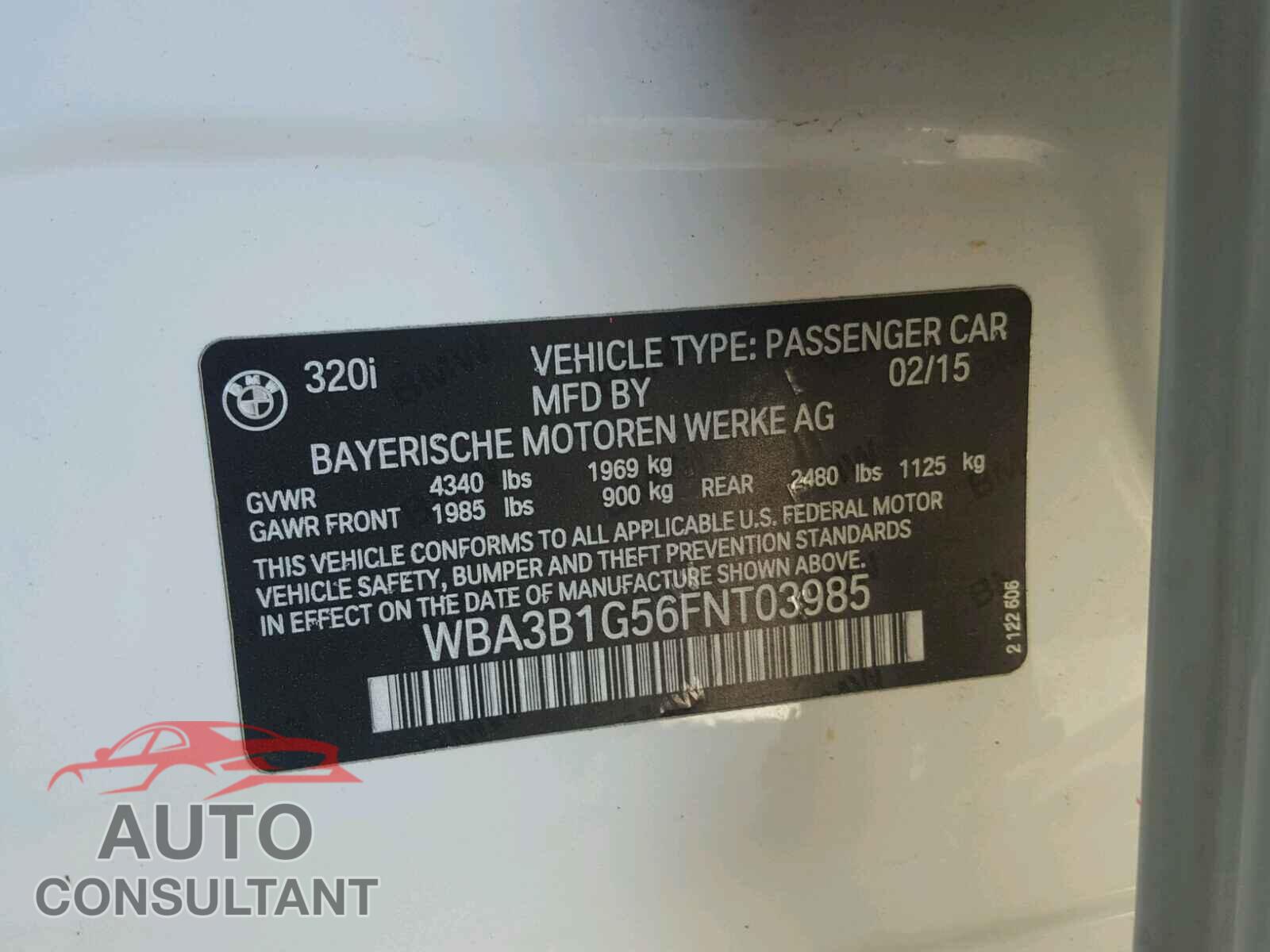 BMW 3 SERIES 2015 - WBA3B1G56FNT03985