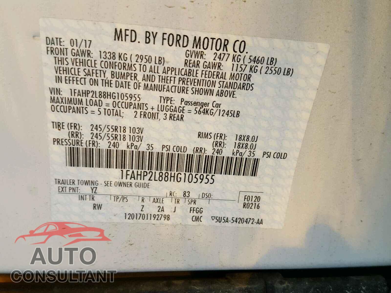 FORD TAURUS 2017 - 1FAHP2L88HG105955