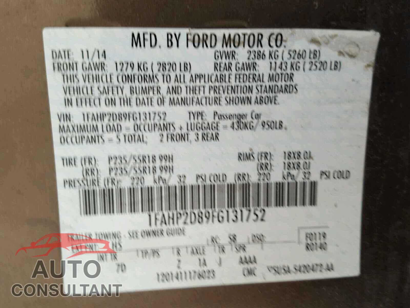 FORD TAURUS 2015 - 1FAHP2D89FG131752