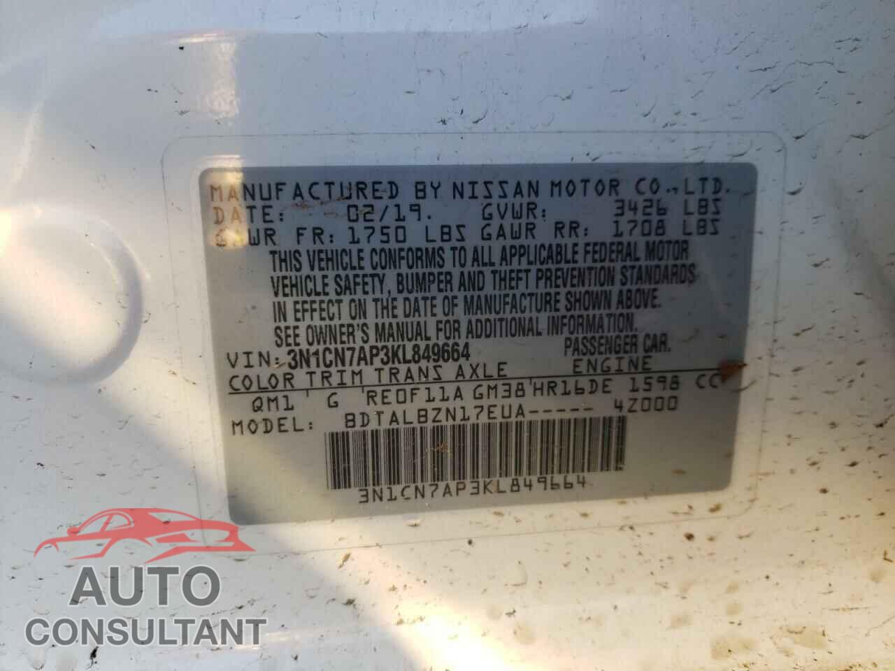 NISSAN VERSA 2019 - 3N1CN7AP3KL849664