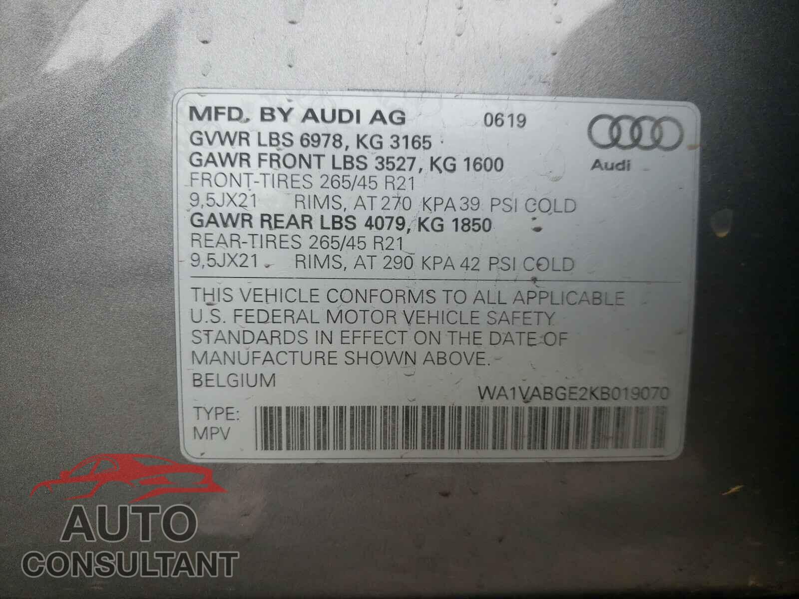 AUDI E-TRON 2019 - WA1VABGE2KB019070