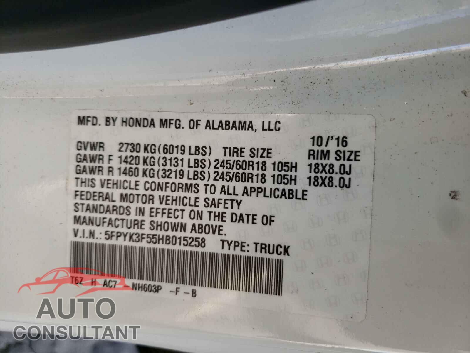 HONDA RIDGELINE 2017 - 5FPYK3F55HB015258