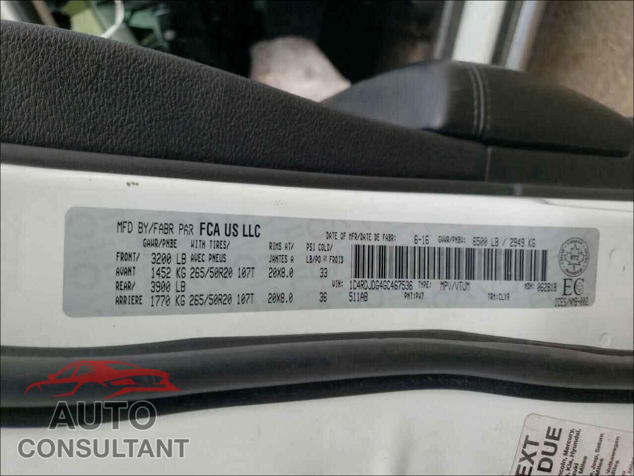 DODGE DURANGO 2016 - 1C4RDJDG4GC467536