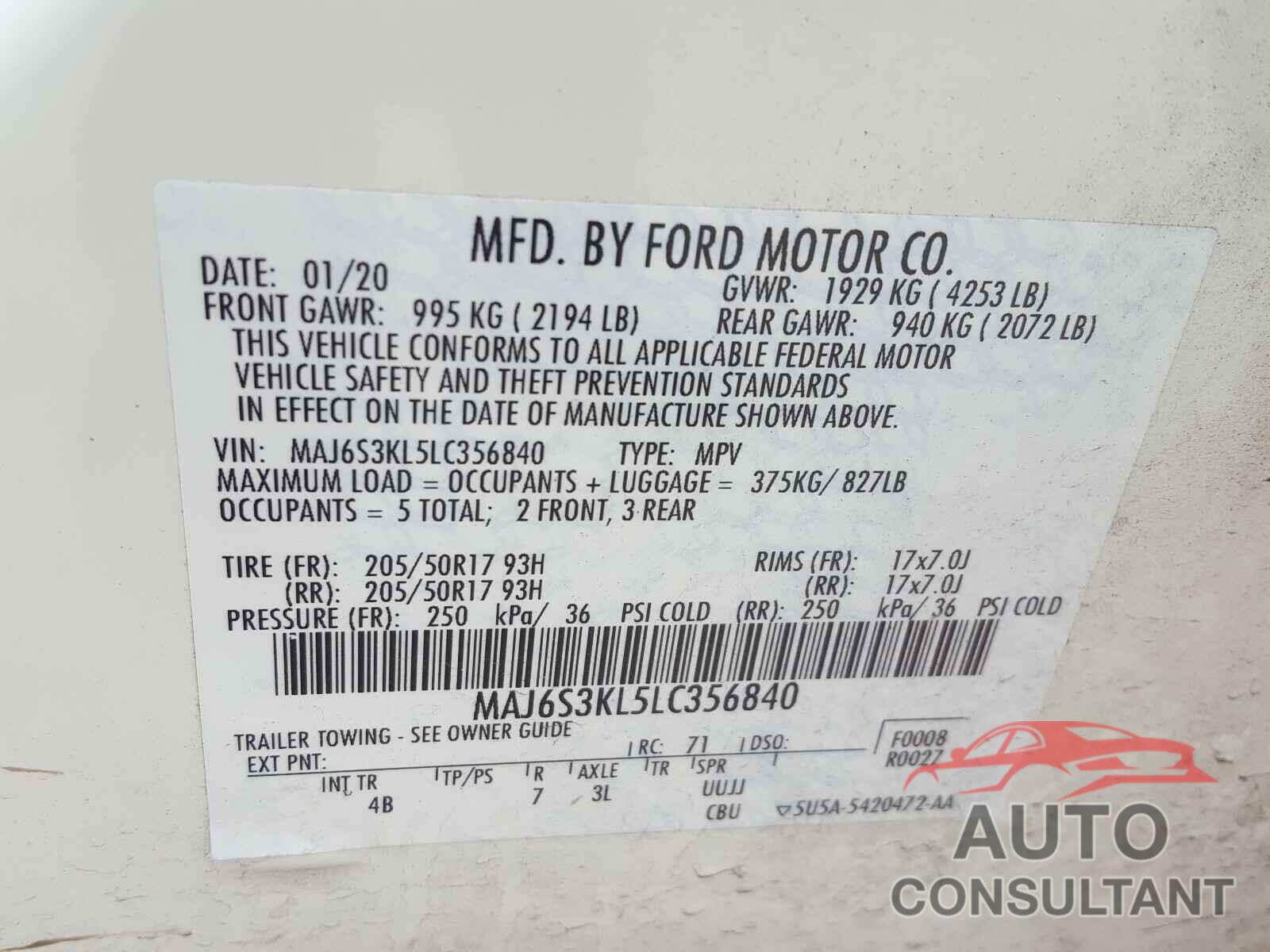 FORD ALL OTHER 2020 - MAJ6S3KL5LC356840