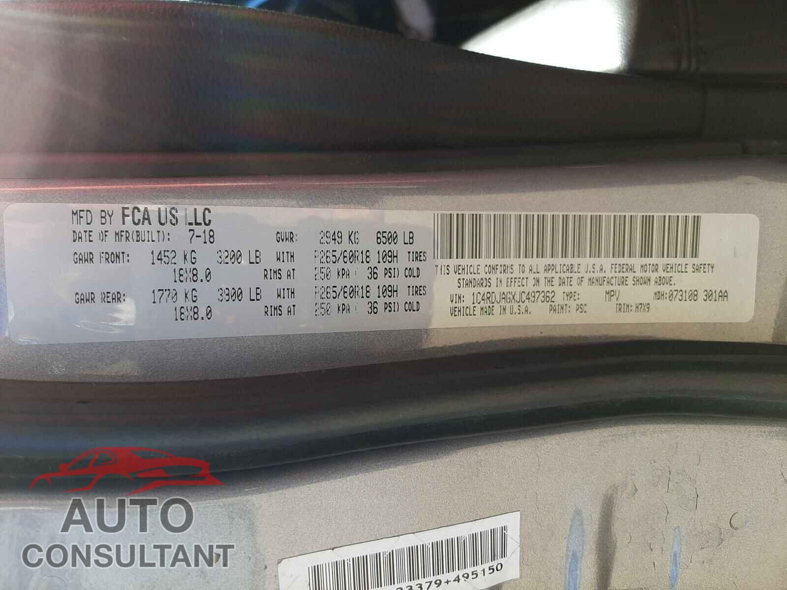 DODGE DURANGO 2018 - 1C4RDJAGXJC497362