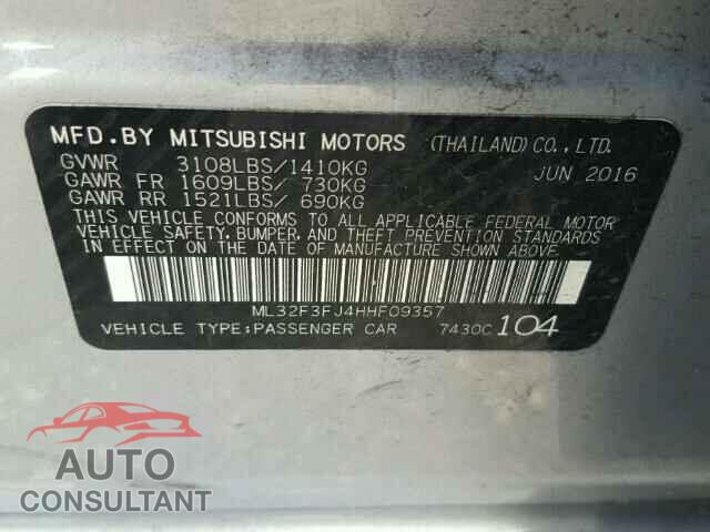 MITSUBISHI MIRAGE 2017 - ML32F3FJ4HHF09357