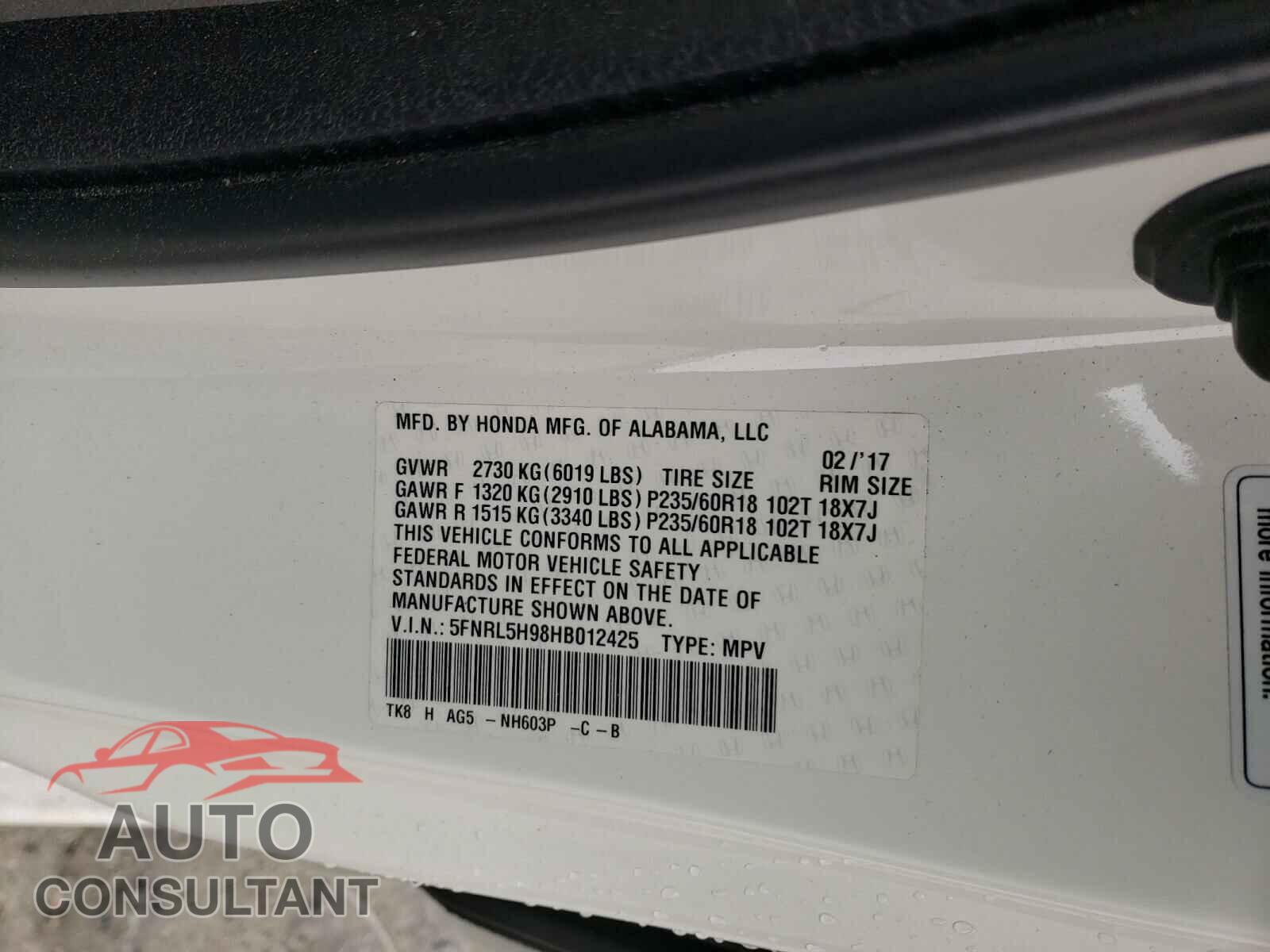 HONDA ODYSSEY 2017 - 5FNRL5H98HB012425