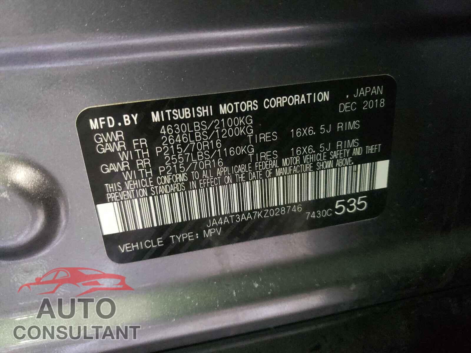 MITSUBISHI ECLIPSE 2019 - JA4AT3AA7KZ028746