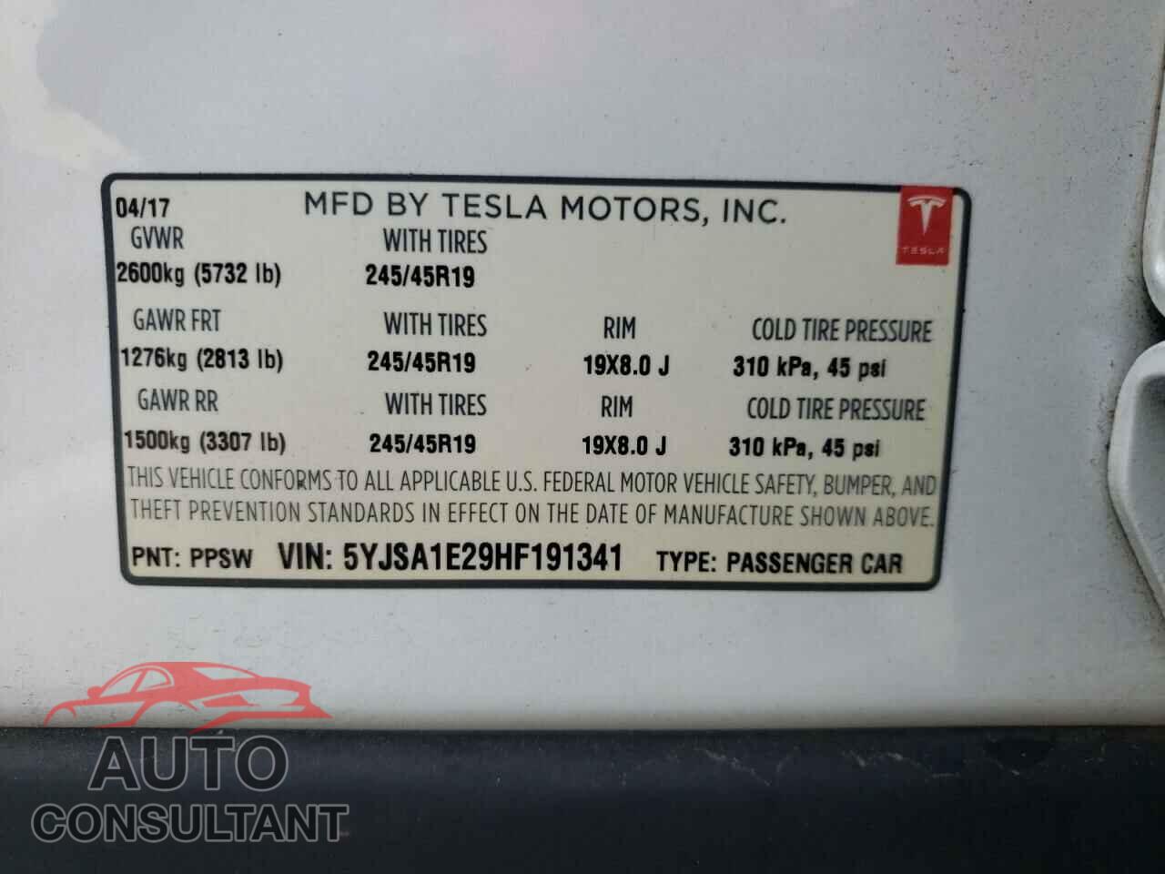 TESLA MODEL S 2017 - 5YJSA1E29HF191341
