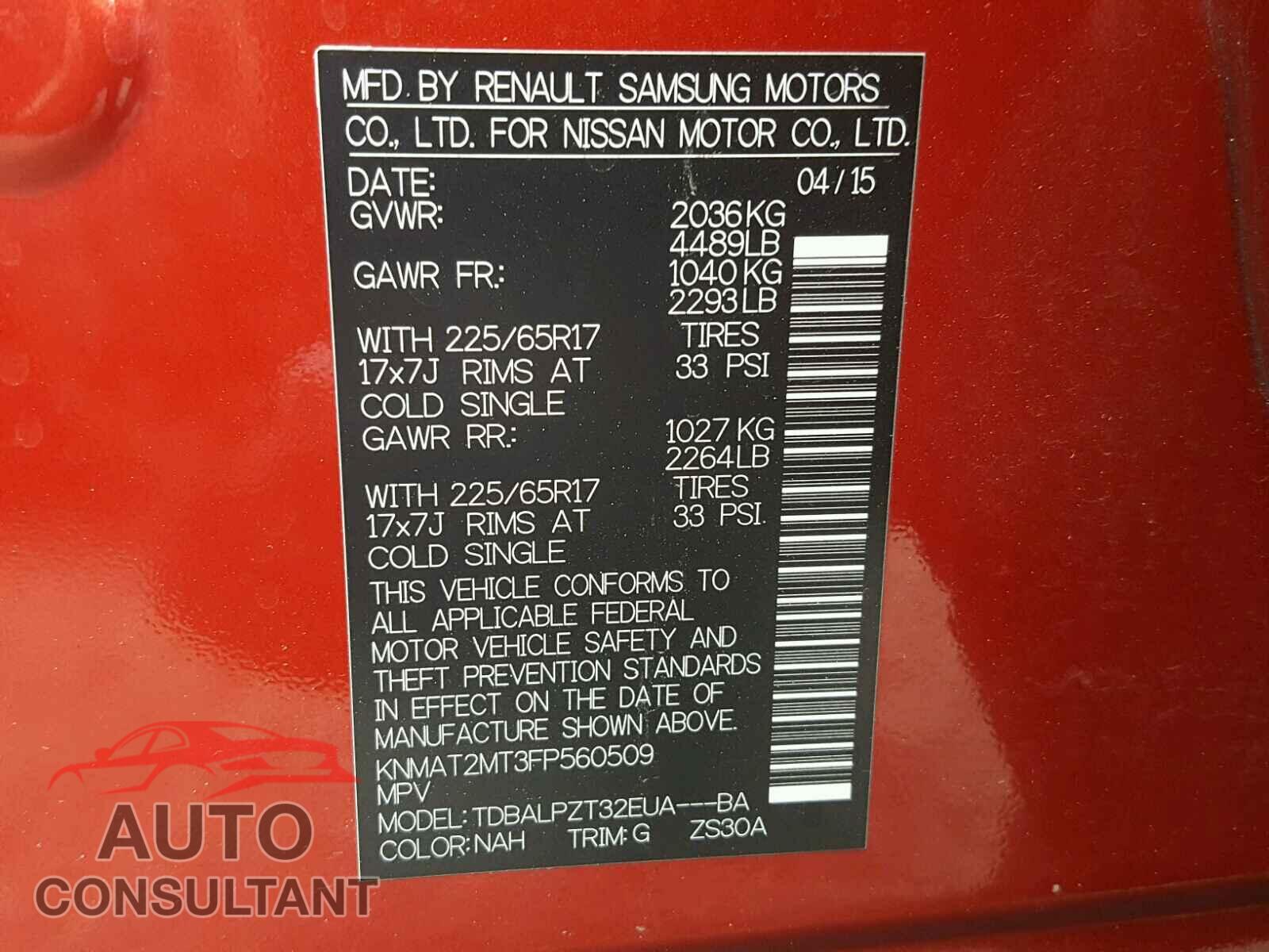 NISSAN ROGUE S 2015 - KNMAT2MT3FP560509
