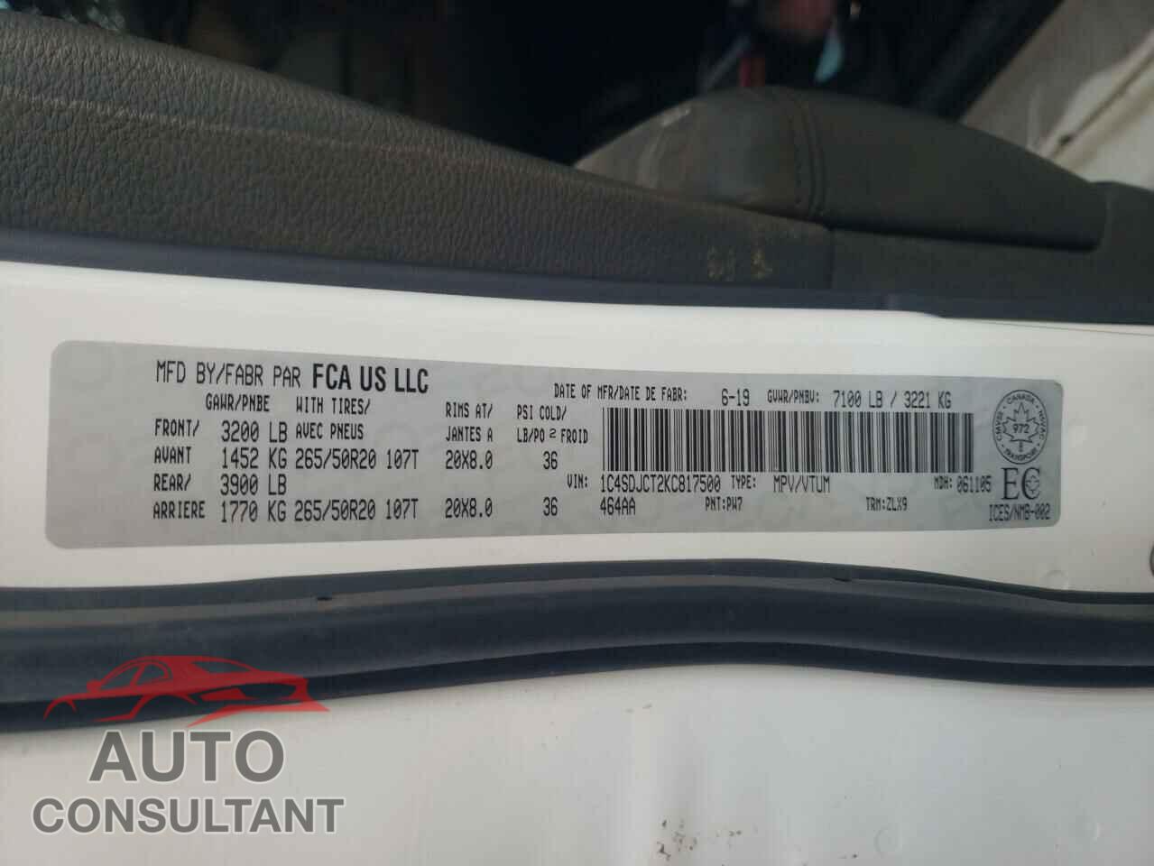 DODGE DURANGO 2019 - 1C4SDJCT2KC817500