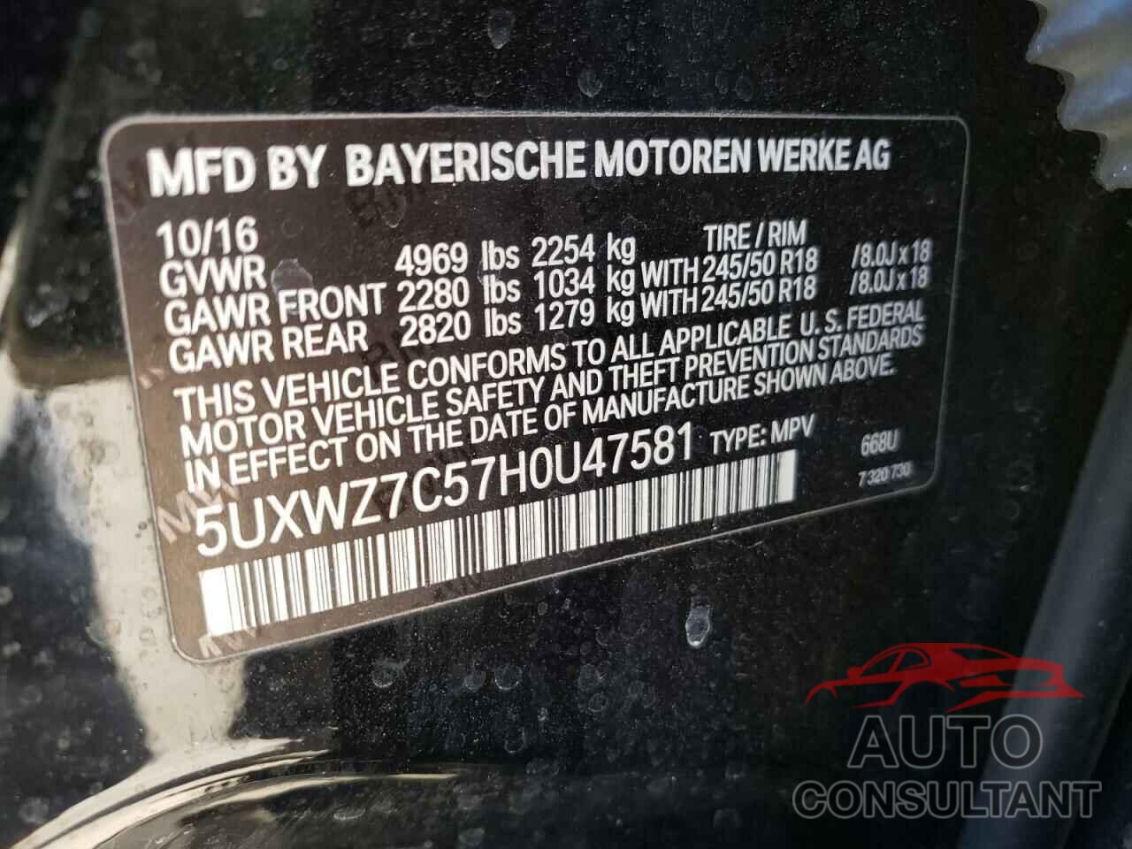 BMW X3 2017 - 5UXWZ7C57H0U47581