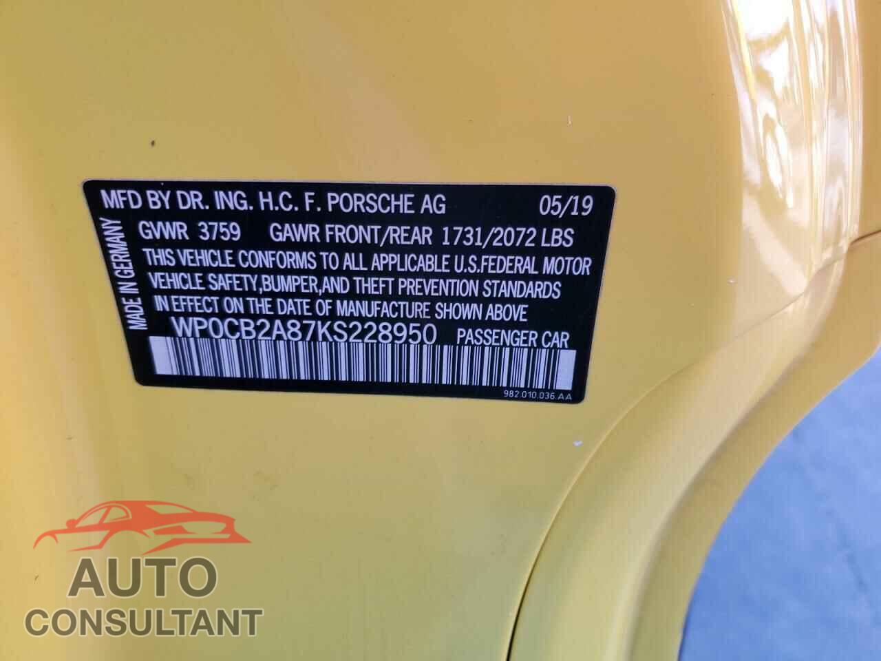PORSCHE BOXSTER 2019 - WP0CB2A87KS228950