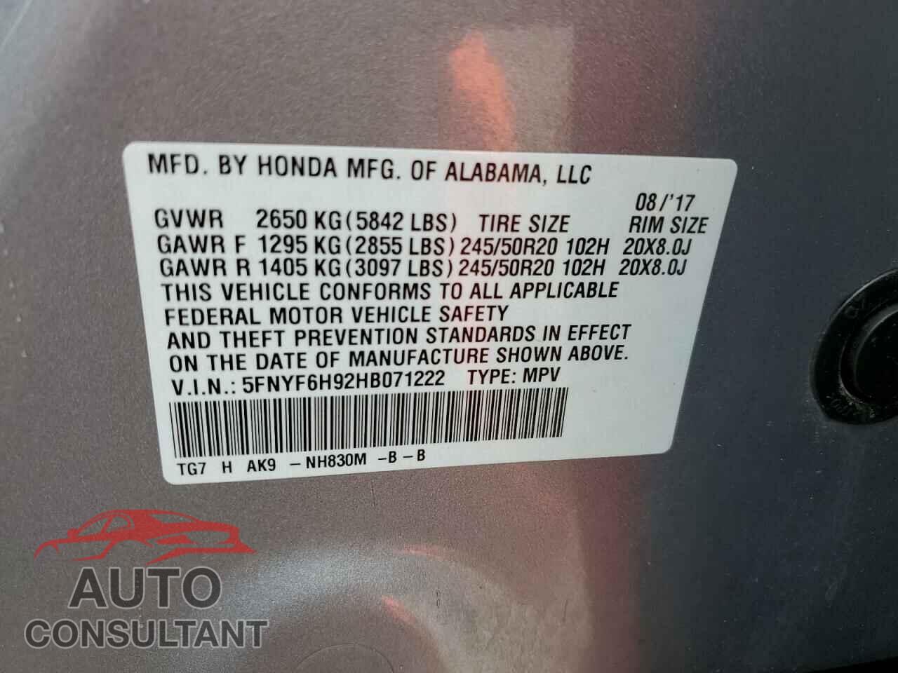 HONDA PILOT 2017 - 5FNYF6H92HB071222