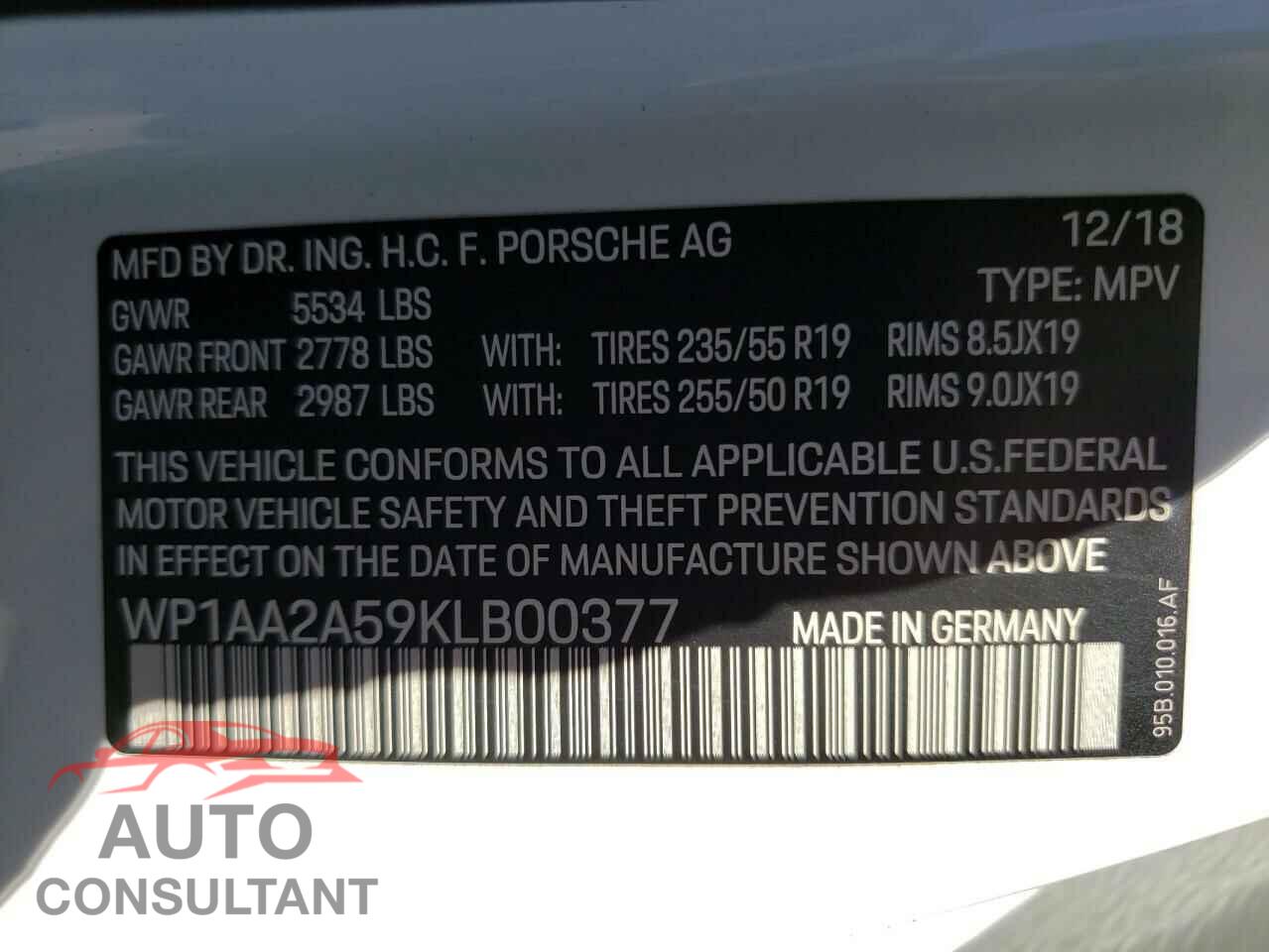 PORSCHE MACAN 2019 - WP1AA2A59KLB00377