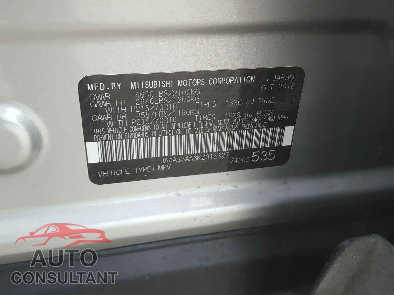 MITSUBISHI ECLIPSE 2019 - JA4AS3AA6KZ015327