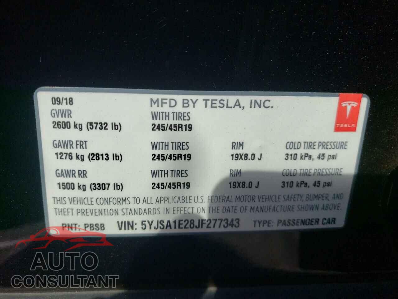 TESLA MODEL S 2018 - 5YJSA1E28JF277343