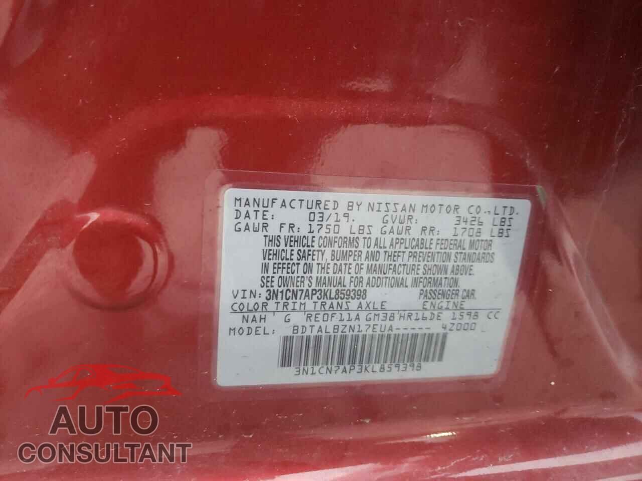 NISSAN VERSA 2019 - 3N1CN7AP3KL859398