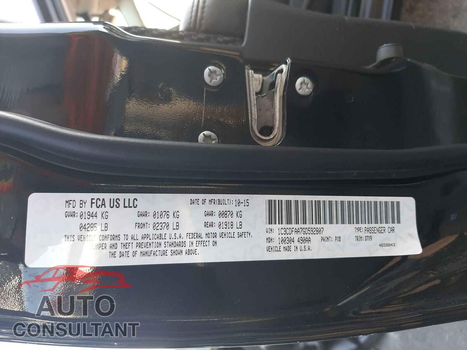 DODGE DART 2016 - 1C3CDFAA7GD592807