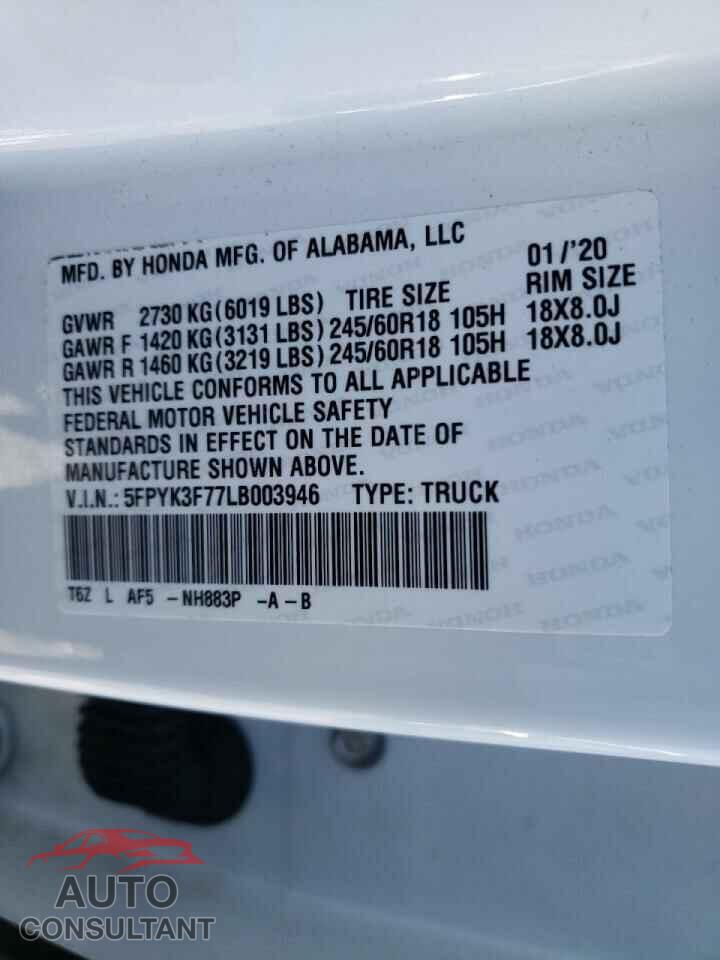 HONDA RIDGELINE 2020 - 5FPYK3F77LB003946