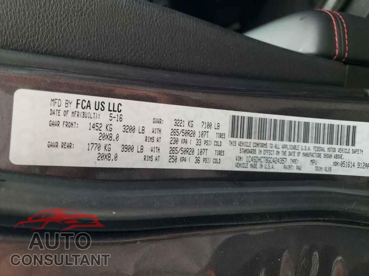 DODGE DURANGO 2016 - 1C4SDHCT8GC424357