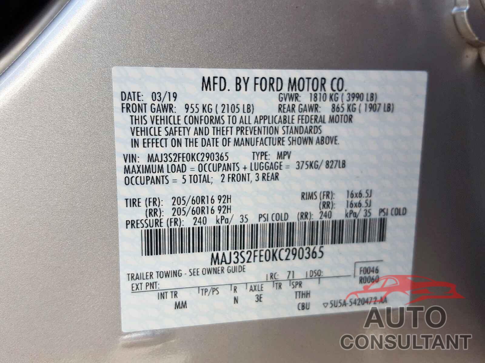 FORD ALL OTHER 2019 - SHHFK7H60KU214382