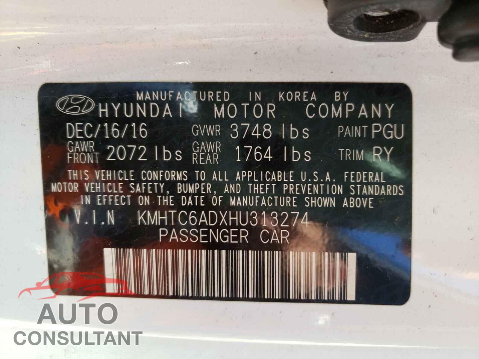 HYUNDAI VELOSTER 2017 - KMHTC6ADXHU313274