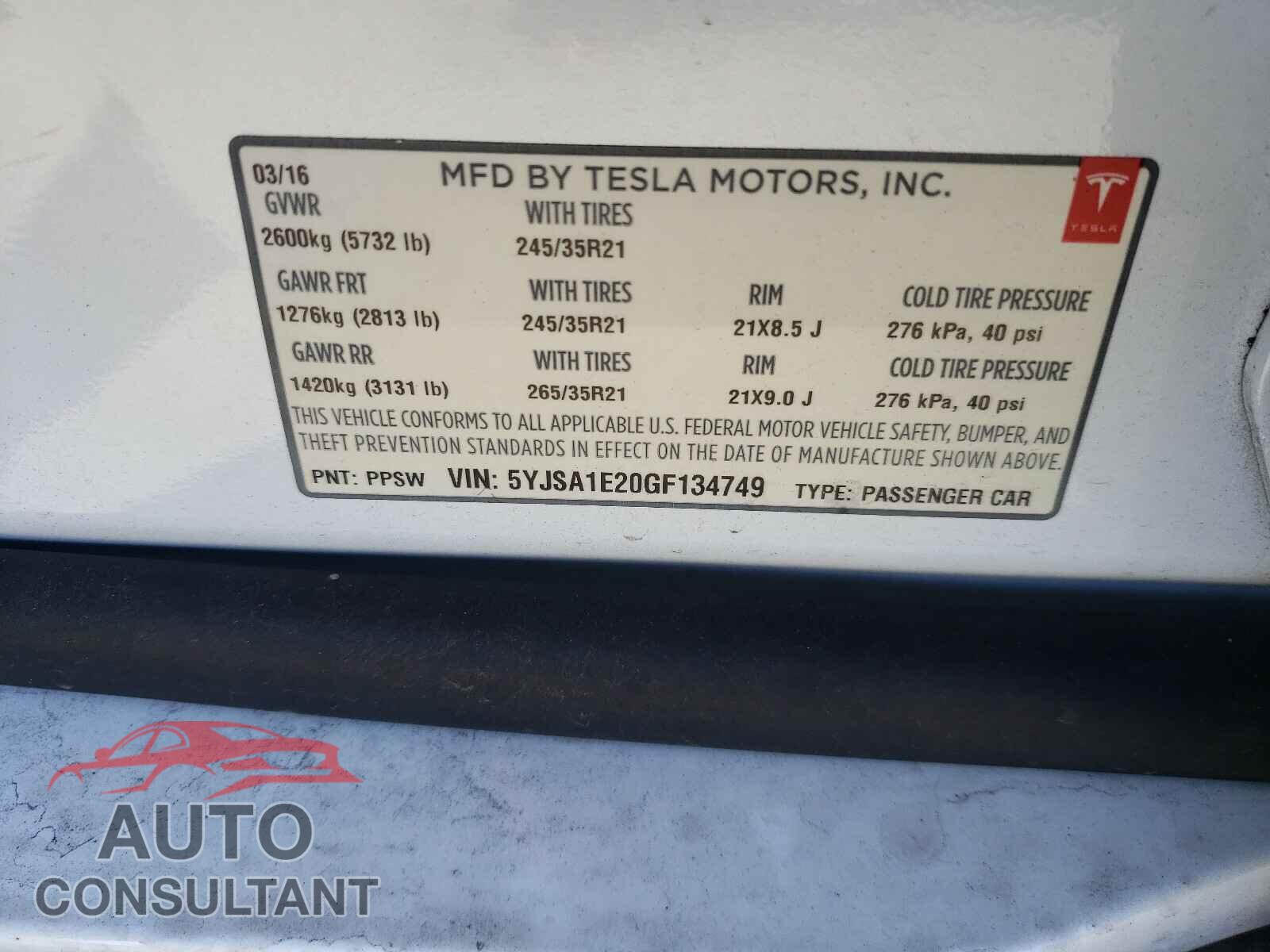 TESLA MODEL S 2016 - 5YJSA1E20GF134749